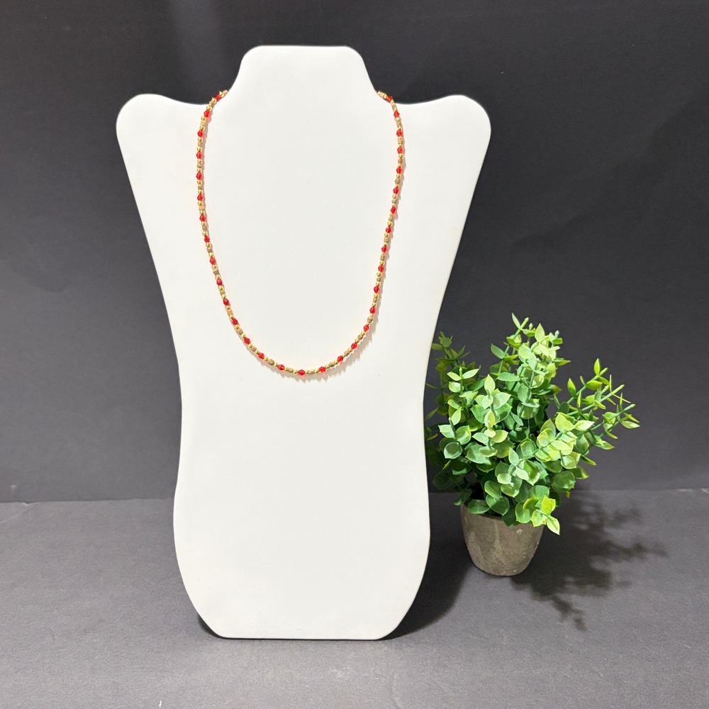 Red Crystal and Wood Beaded Necklace Gold Tone Boho Dainty Adjustable Strand